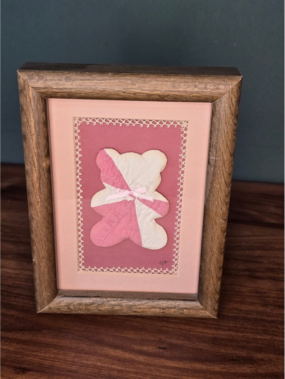Vintage Framed Quilted Teddy Bear Wall Art Nursery Decor Signed